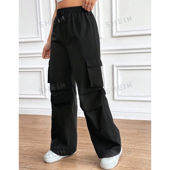 SHEIN Pants - Shein Women's Black Cargo Pants Wide M Leg High Waist Drawstring Casual Trousers